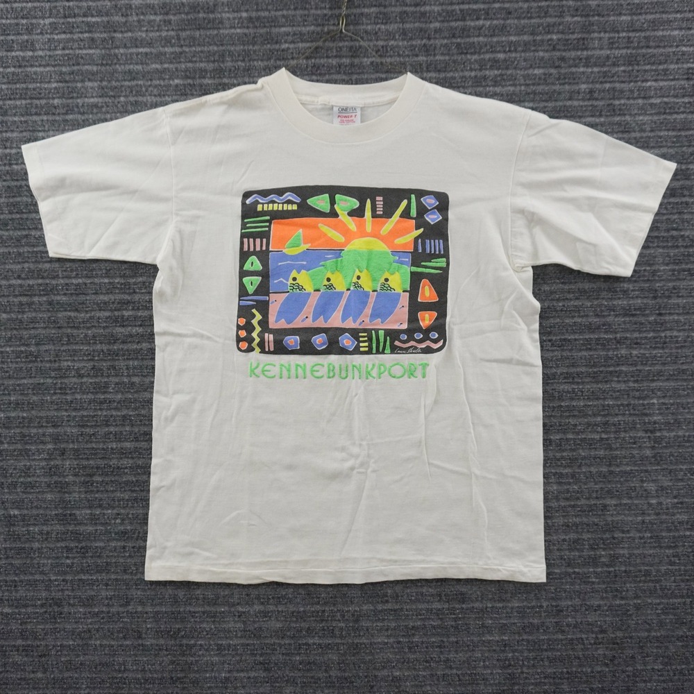 Vintage 90s Oneita Kennebunkport T-Shirt Mens XL White Abstract Puff Print
